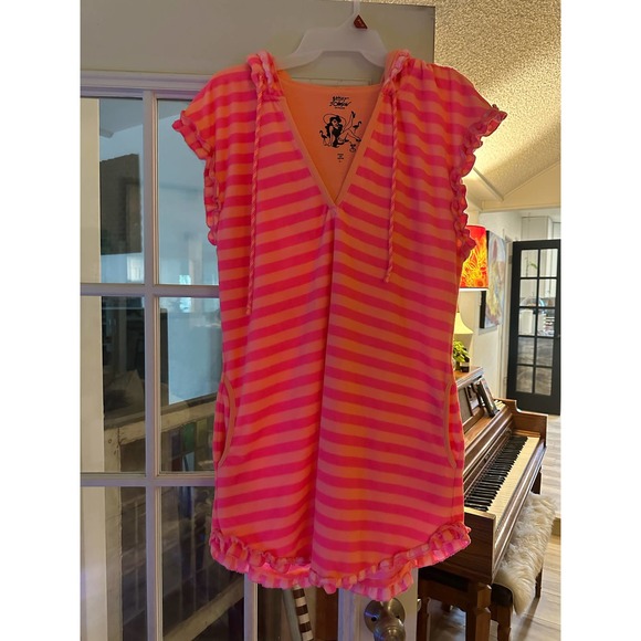 Betsey Johnson orange & pink striped terrycloth coverup. Large - Picture 5 of 8